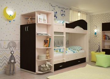 Детская двухъярусная кровать Мая на щитах со шкафом и ящиками, корпус Млечный дуб, фасад Венге в Омске