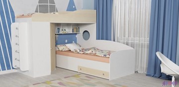 Детская кровать-шкаф Кадет-2 с металлической лестницей, корпус Белое дерево, фасад Дуб в Омске
