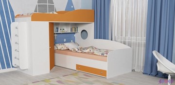 Детская кровать-шкаф Кадет-2 с металлической лестницей, корпус Белое дерево, фасад Оранжевый в Омске