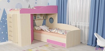 Кровать-чердак в детскую Кадет-2 с металлической лестницей, корпус Дуб, фасад Розовый в Омске