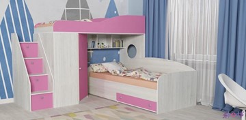 Детская кровать-чердак Ярофф Кадет-2 с универсальной лестницей, корпус Винтерберг, фасад Розовый в Омске