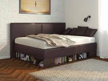Полуторная детская кровать Lancaster 1, 120х200, ЛДСП венге, экокожа коричневая в Омске