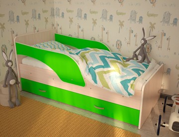 Детская кровать с ящиками Максимка, корпус Млечный дуб, фасад Салатовый в Омске