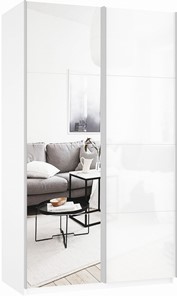 Шкаф двухдверный Прайм (Зеркало/Белое стекло) 1200x570x2300, белый снег в Омске