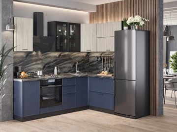 Модульный кухонный гарнитур угловой 2400 Индиго, Черный/Дуб мадейра топаз/Темно-синий в Омске