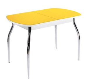 Кухонный стол раздвижной ПГ-02 СТ2, белое/желтое стекло/35 хром гнутые металл в Омске