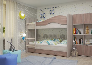 Двухэтажная кровать Мая с 2 ящиками на щитах, корпус Шимо светлый, фасад Шимо темный в Омске - предосмотр