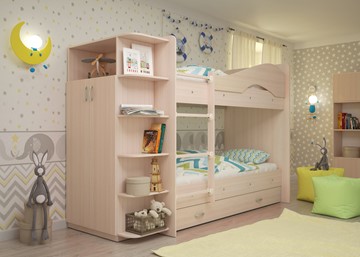 Детская двухэтажная кровать Мая на щитах со шкафом и ящиками, цвет Млечный дуб в Омске - предосмотр