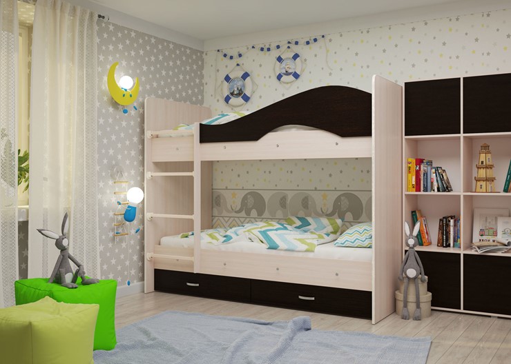Детская  двухъярусная кровать Мая с 2 ящиками на щитах, корпус Млечный дуб, фасад Венге в Омске - изображение 1