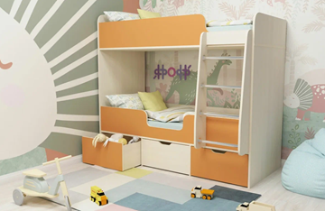 Двухэтажная детская кровать Малыш двойняшка 70х160, корпус Дуб молочный, фасад Оранжевый в Омске