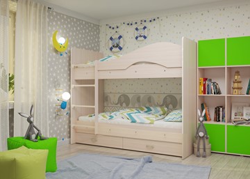 Детская двухэтажная кровать Мая на щитах со шкафом и ящиками, цвет Млечный дуб в Омске - предосмотр 1
