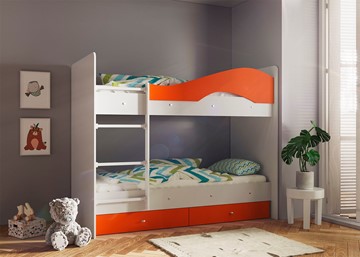 Кровать 2-ярусная Мая с 2 ящиками на щитах, корпус Млечный дуб, фасад Оранжевый в Омске - предосмотр