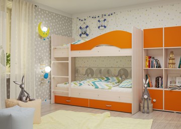 Кровать 2-ярусная Мая с 2 ящиками на щитах, корпус Млечный дуб, фасад Оранжевый в Омске - предосмотр 3