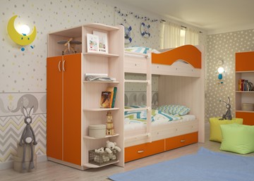 Кровать 2-ярусная Мая с 2 ящиками на щитах, корпус Млечный дуб, фасад Оранжевый в Омске - предосмотр 1