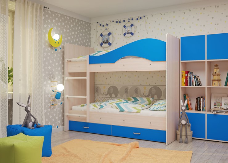 Детская двухэтажная кровать Мая с 2 ящиками на щитах, корпус Млечный дуб, фасад Синий в Омске - изображение 3