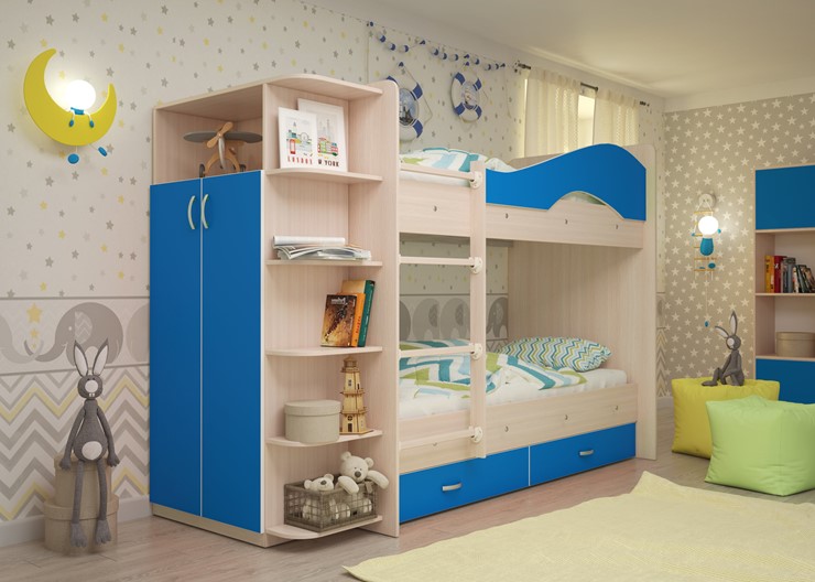 Детская двухэтажная кровать Мая с 2 ящиками на щитах, корпус Млечный дуб, фасад Синий в Омске - изображение 1