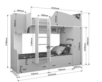 Двухэтажная детская кровать Юниор-2, каркас Белое дерево, фасад Лайм в Омске - предосмотр 1