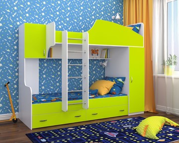 Двухэтажная детская кровать Юниор-2, каркас Белое дерево, фасад Лайм в Омске - предосмотр