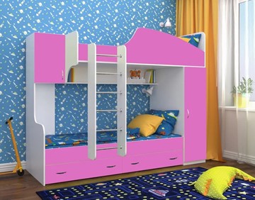 Детская кровать-шкаф Юниор-2, каркас Белое дерево, фасад Розовый в Омске