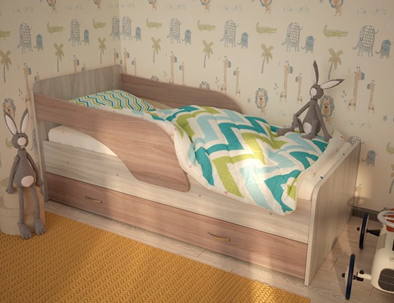 Детская кровать с бортиками Максимка, корпус Шимо светлый, фасад Шимо темный в Омске - изображение