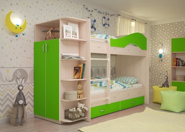 Детская 2-этажная кровать Мая на щитах со шкафом и ящиками, корпус Млечный дуб, фасад Салатовый в Омске