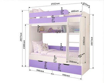 Двухэтажная детская кровать Юниор-5, каркас Белое дерево, фасад Ирис в Омске - предосмотр 1