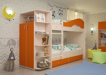Двухэтажная детская кровать Мая на щитах со шкафом и ящиками, корпус Млечный дуб, фасад Оранжевый в Омске