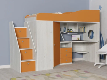 Детская кровать-чердак Кадет-1 с универсальной лестницей, корпус Винтерберг, фасад Оранжевый в Омске - предосмотр