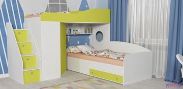 Детская кровать-шкаф Кадет-2 с универсальной лестницей, корпус Белое дерево, фасад Лайм в Омске