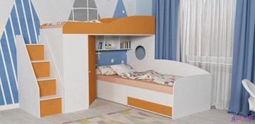 Кровать-чердак детская Кадет-2 с универсальной лестницей, корпус Белое дерево, фасад Оранжевый в Омске