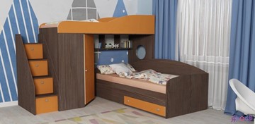 Детская кровать-шкаф Кадет-2 с универсальной лестницей, корпус Ясень анкор темный, фасад Оранжевый в Омске