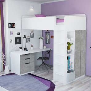 Детская кровать с письменным столом и шкафом POLINI Kids Simple Белый / Бетон в Омске - предосмотр 1