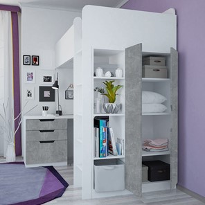 Детская кровать с письменным столом и шкафом POLINI Kids Simple Белый / Бетон в Омске - предосмотр 2