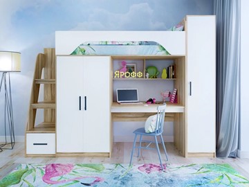 Детская кровать-чердак с шкафом Тея, каркас Ясень, фасад Белый в Омске - предосмотр