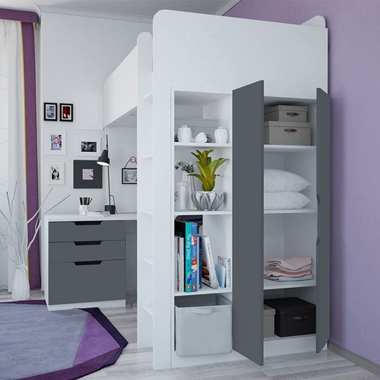 Кровать детская с письменным столом и шкафом POLINI Kids Simple Белый / Серый в Омске - изображение 1