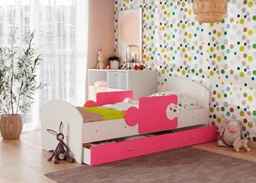 Детская кровать с ящиком и бортиками Мозайка, корпус Белый/фасад Розовый (щиты) в Омске