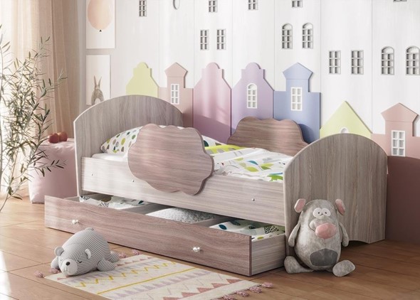Детская кровать Тучка с ящиком, корпус Ясень Шимо светлый, фасад Ясень Шимо темный в Омске - изображение