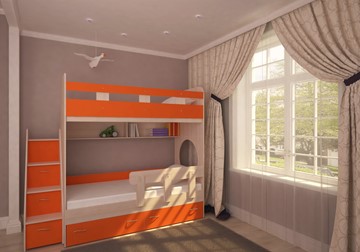 Детская двухэтажная кровать Юниор-1 с бортом, каркас Дуб, фасад Оранжевый в Омске - предосмотр