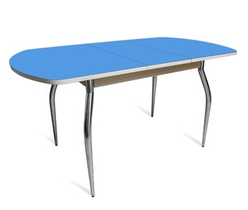 Кухонный раскладной стол ПГ-02 СТ2, дуб молочный/синие стекло/35 хром гнутые металл в Омске