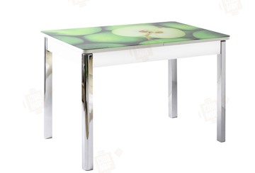 Кухонный раскладной стол Айсберг-01 СТФ, белый/фотопечать зеленые яблоки/ноги хром квадратные в Омске