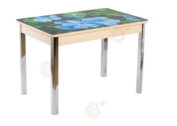 Кухонный стол раскладной Айсберг-01 СТФ, дуб/фотопечать фиалка/ноги хром квадратные в Омске