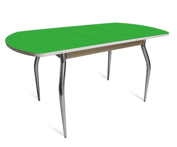 Обеденный раздвижной стол ПГ мини СТ2, дуб молочный/зеленое стекло/35 хром гнутые металл в Омске