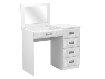 Столик косметический Como/Veda, с зеркалом, 4 ящика, правый, ЛДСП белый/Экокожа кайман белый в Омске